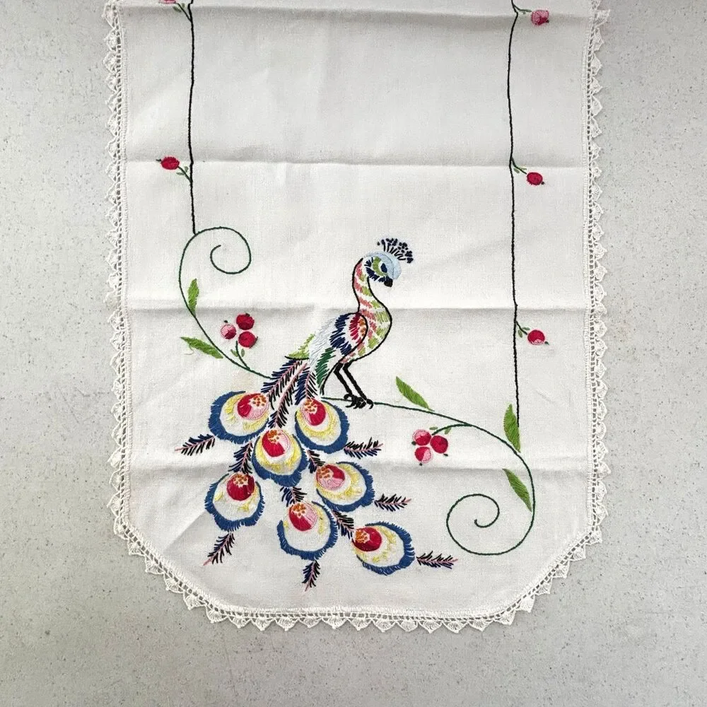Cottagecore Embroidered Peacock Dresser Scarf Table Runner Vintage 50s Heirloom